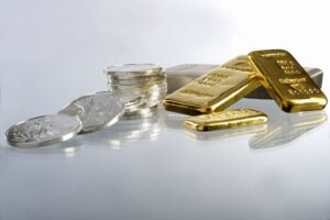 gold bars and silver coins