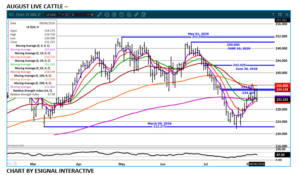 Aug live cattle chart on 8.7.26 by eSignal